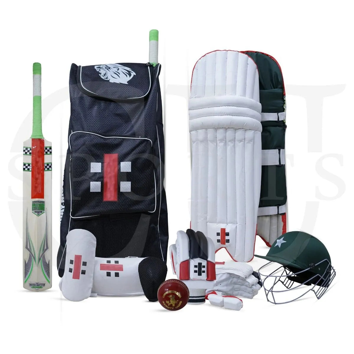 Pack of 10 - Professional Cricket Kit For Adults Gray Nicolls (Hard Ball Cricket Bat + Hard Ball + Gloves + Cricket Kit Bag + Helmet + Under Guard + Leg Pads + Elbow Pads + Thigh Pads)