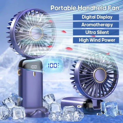 Portable Handheld Mini Fan 3000mAh Foldable Neck Hanging Fans 5 Speed Adjust USB Charge Fan with Phone Stand and Display Screen