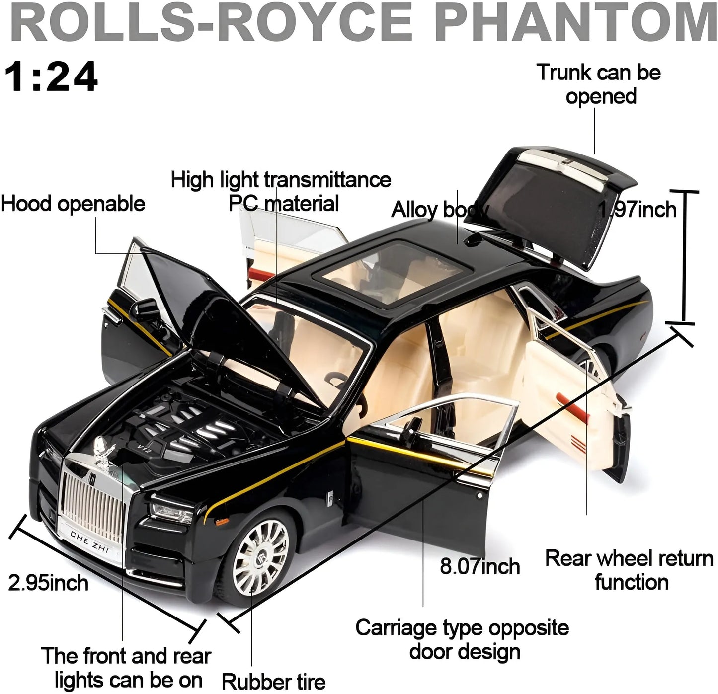 Rolls Royce Phantom Model Diecast Zinc Alloy Car Toys for kids with Sound and Light Metal Car Toys for Boys