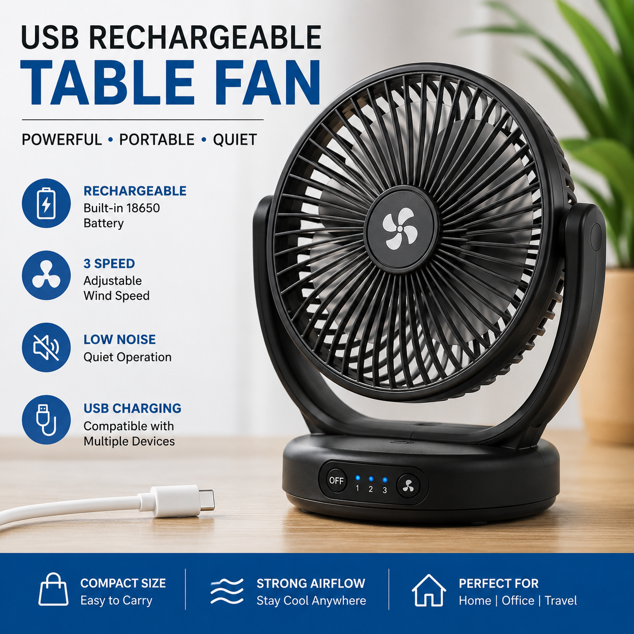 USB Rechargeable Table Fan