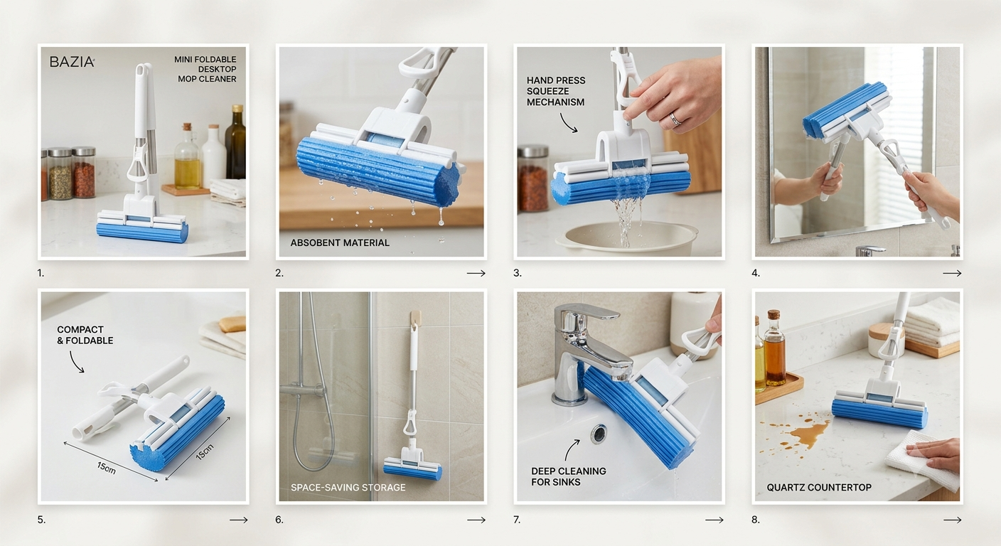 Mini Foldable Desktop Mop Cleaner – Hand Press Squeeze Mop for Kitchen, Bathroom & Glass Cleaning | Portable Wash & Dry Mop | One-Hand Operation | Deep Cleaning Tool for Mirror, Sink & Countertop | Compact Storage & Wall Hanging Design by BAZIA