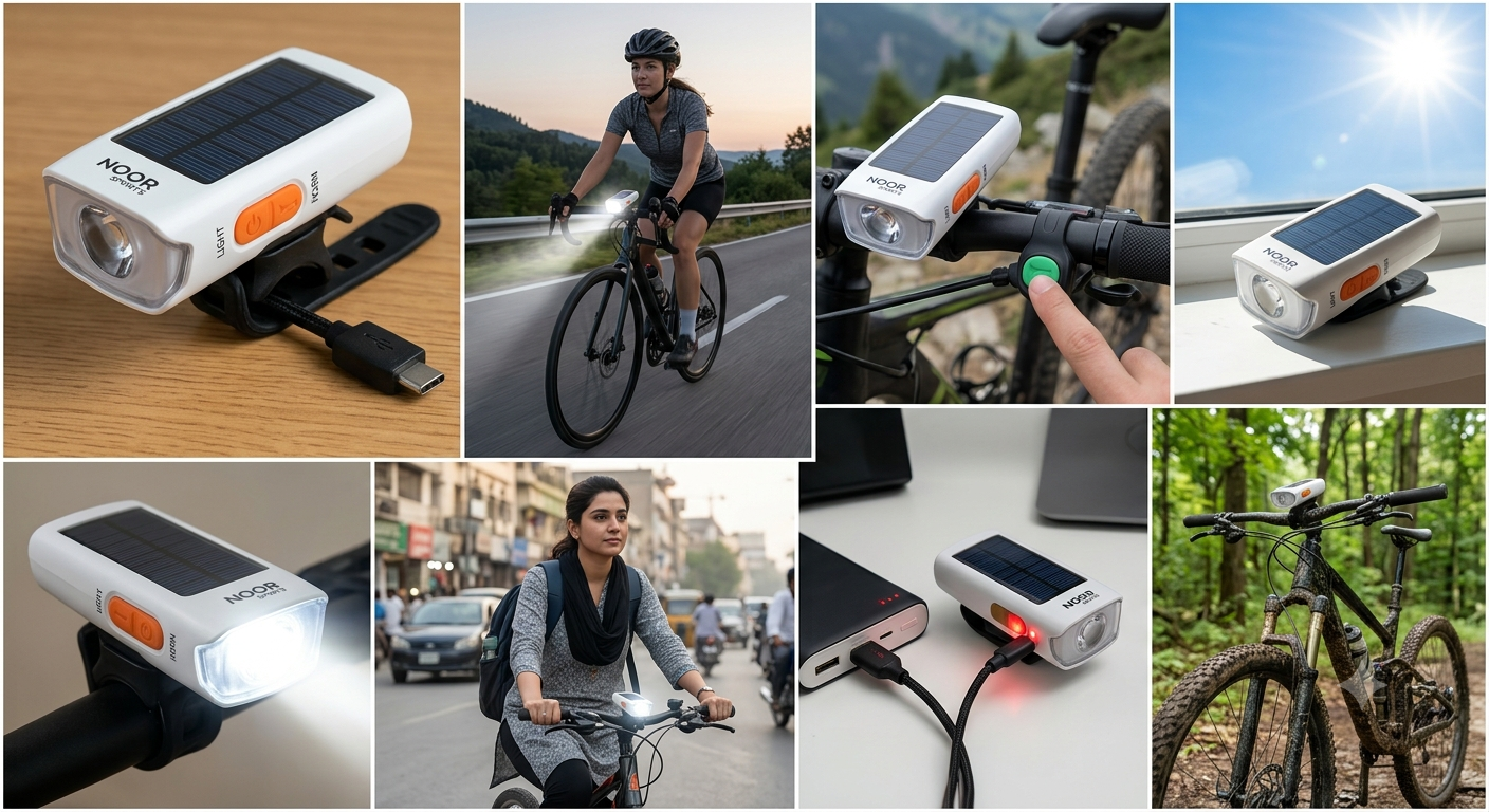 Noor Sports Solar Powered USB Rechargeable LED Bicycle Headlight Bike Head Light Lamp + Horn bike light
