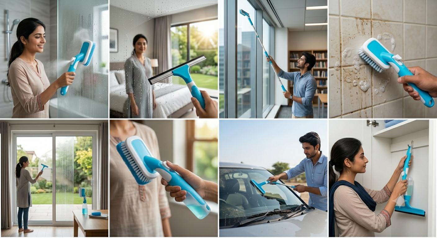 3-in-1 Window Cleaning Wiper with Brush – Lightweight Scratch-Free Squeegee for Glass, Bathroom, Kitchen, Tiles & Car Windshield